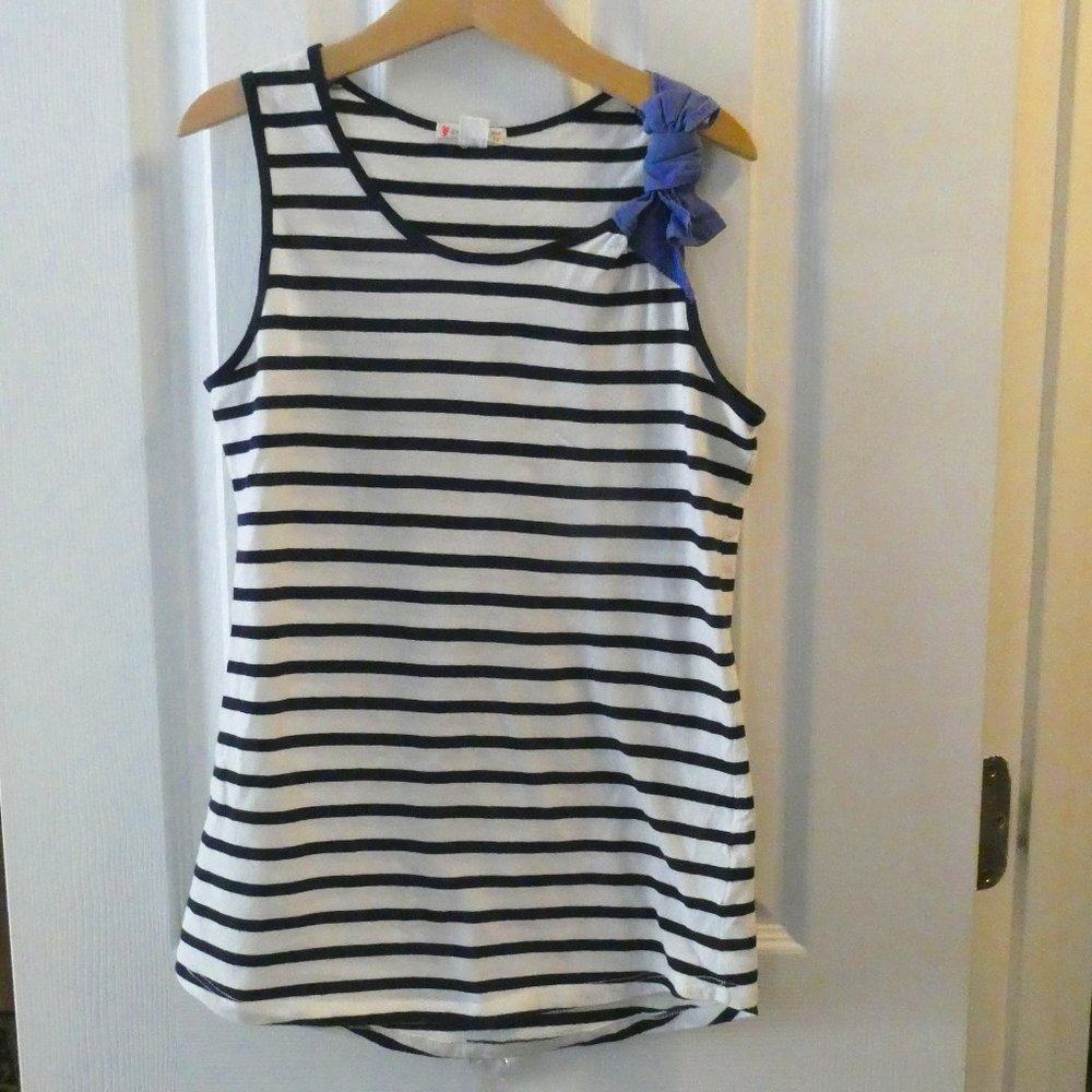 Crewcuts Tank Top Navy White Stripe Chambray Style Bow Left Shoulder Sz 14